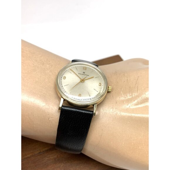 Hamilton Men's Watch Vintage Swiss Hand Wind 10k R.G.P Case Black Leather 32mm - Picture 5 of 13